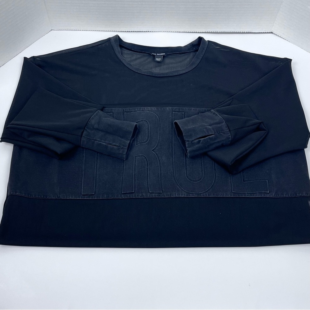 True Religion Women's Long Sleeve Black Sheer Spell Out Mesh Panel Top Size XS - Picture 5 of 13